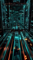 Futuristic digital tunnel with glowing lines, perfect for technology, science fiction, or virtual reality themes.