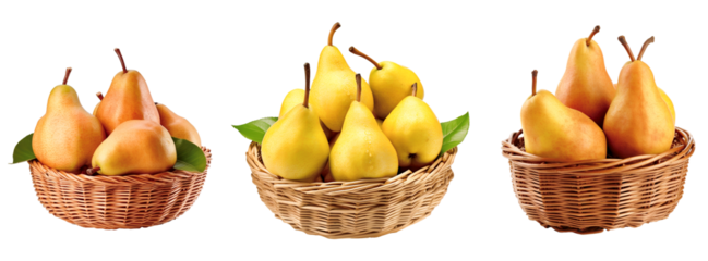 Three whicker baskets with pears on isolated transparent background