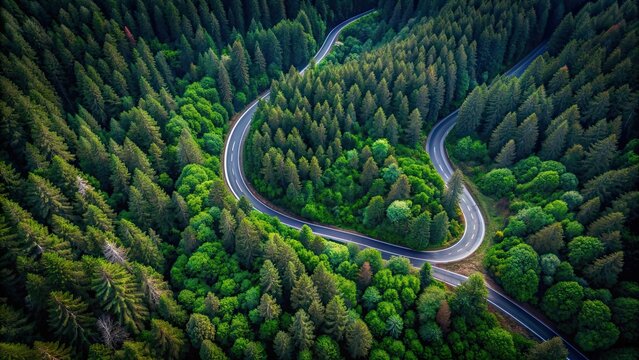 Aerial view of a winding mountaintop road cutting through a dark green forest, aerial view, top view, mountaintop, road