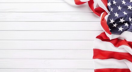 American Flag Over Whitewashed Wood Background For United States Holidays