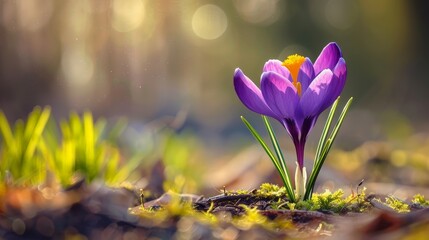 Macro shot of a purple crocus flower emerging in spring