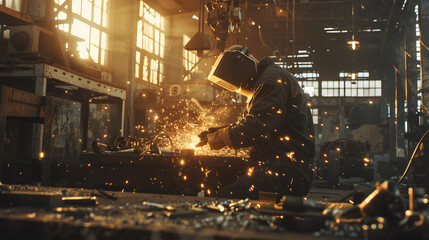 Mechanic welding metal part in spacious workshop