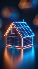 A futuristic house model illuminated with neon lights and solar panels, representing modern sustainable living concepts.