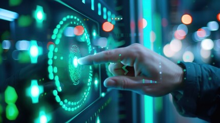 Futuristic Touch Interface, Hand interacting with digital screen, Technology Innovation.
