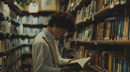 Retail worker organizing books in busy bookstore