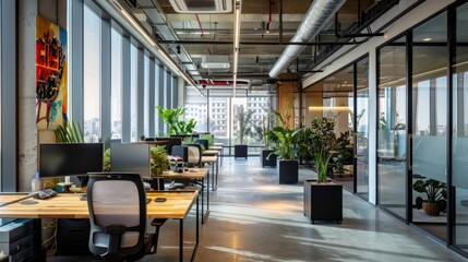 Modern open office space with natural light and plants. Contemporary workspace design. Suitable for creative and collaborative work. Bright and airy office environment. AI