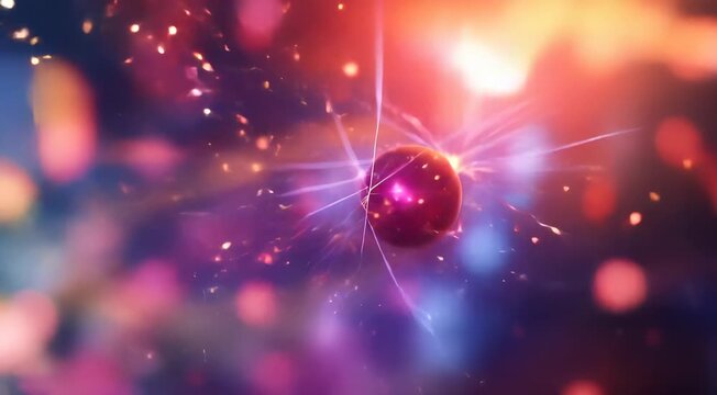 Vibrant abstract illustration of an atom with electrons orbiting, amidst a colorful backdrop of light flares and bokeh.