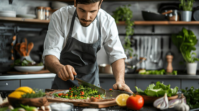 Sous-chef preparing dish with fresh herbs in modern kitchen