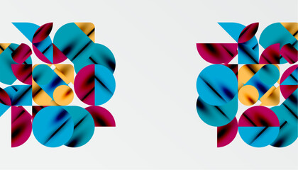 Color beautiful circles, semi circles, squares and round triangles. Geometric mosaic style pattern abstract background for wallpaper, banner, backdrop, card, book Illustration, landing page