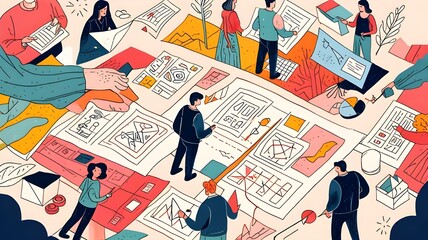 Creative composition with hand drawn human characters and a set of abstract elements. Generative AI.