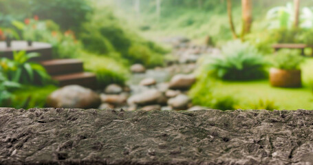 black stone table in nature background