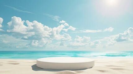 Summer-themed podium on a sandy beach, featuring sea and sky for vacation and travel product banners