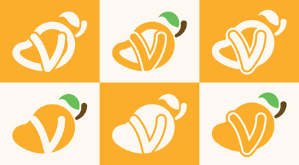 Set of letter V mango logo. This logo combines letters and a mango fruit. Perfect for fruit shops, juice store, farms, and the like.