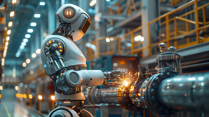 Fototapeta premium Robot soldando una tubería en una fábrica