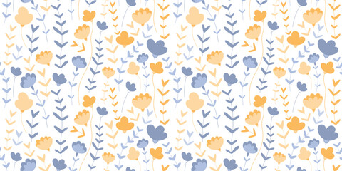 Trendy seamless pattern Wild flowers. Blue-yellow spring flowers and buds. Summer bouquet of flowers. Stylish light print on a white background.