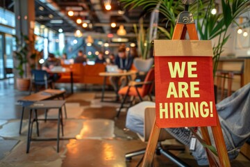 WE ARE HIRING text at co working space