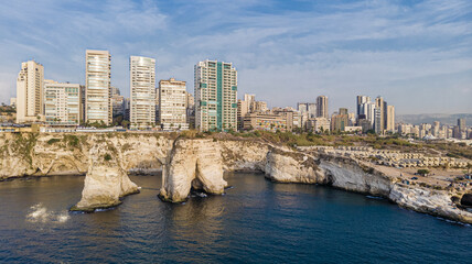 Beirut skyline with modern buildings atop Rawshe Rocks and the Mediterranean Sea