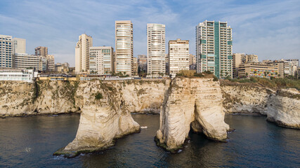 Beirut skyline with modern buildings atop Rawshe Rocks and the Mediterranean Sea