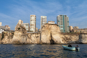 Beirut skyline with modern buildings atop Rawshe Rocks and the Mediterranean Sea