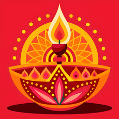 Diwali oil lamp with intricate floral patterns on a red background