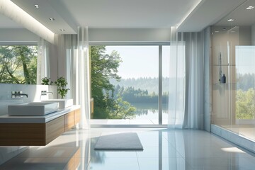 Obraz premium Sleek and Stylish Modern Bathroom with Double Sink Washbasin and Large Mirror