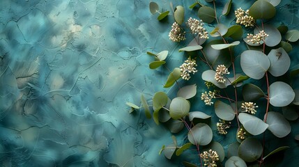 Abstract background of eucalyptus leaf. Eucalyptus branches and leaves formed into a wreath frame set against a blue texture  background for a lay flat top view with copy space for text