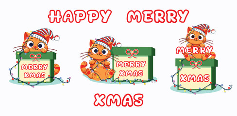 Set of greeting card for Merry Christmas and Happy New Year concept on white background. Cute ginger cat in Santa hat playing with garland and a gift box . Vector illustration in flat cartoon style