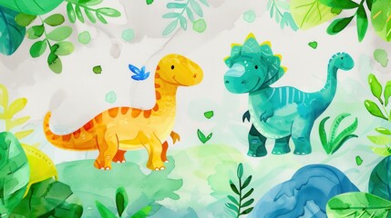 Watercolor illustrations of cute dinosaurs such as T. rex, triceratops, brontosaurus and pterodactyl. Dinosaurs are drawn in bright, vibrant colors, surrounded by simple plant elements and rocks