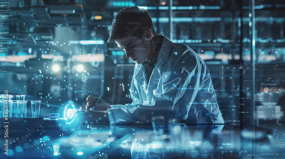 Poster innovative inventor developing ai in futuristic lab with holographic data displays