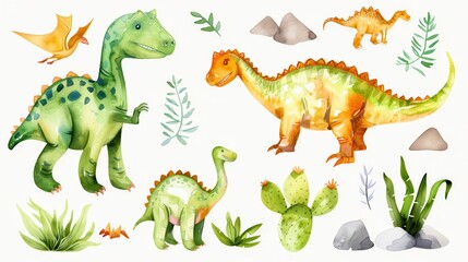 Watercolor illustrations of cute dinosaurs such as T. rex, triceratops, brontosaurus and pterodactyl. Dinosaurs are drawn in bright, vibrant colors, surrounded by simple plant elements and rocks