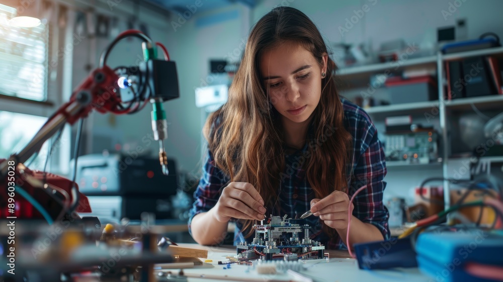 Poster young female inventor assembling robot in creative workshop with precision tools and 3d printer