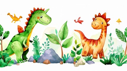 Obraz premium Watercolor illustrations of cute dinosaurs such as T. rex, triceratops, brontosaurus and pterodactyl. Dinosaurs are drawn in bright, vibrant colors, surrounded by simple plant elements and rocks