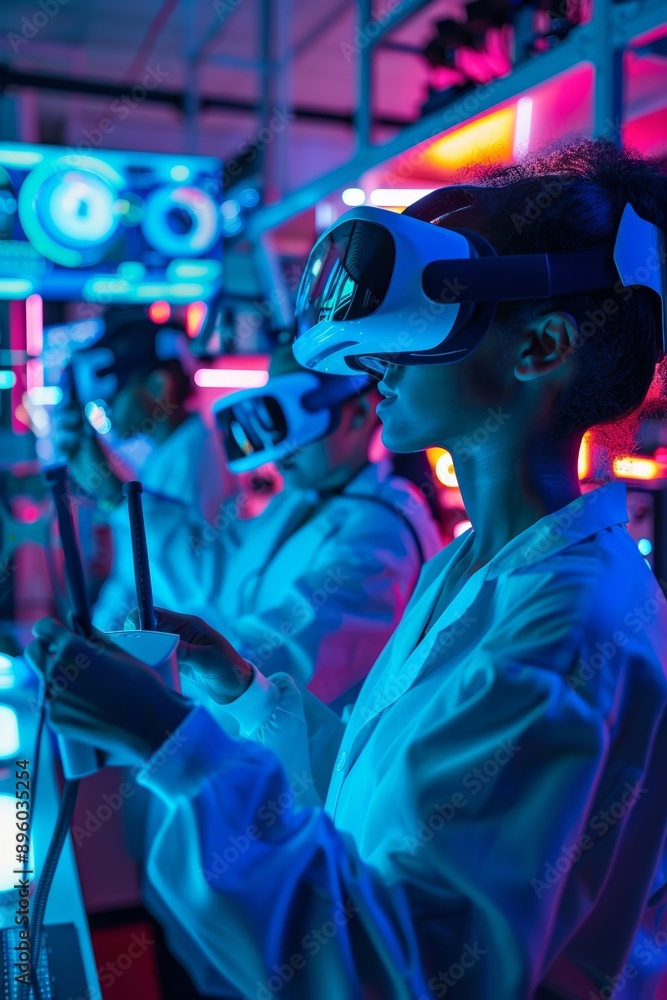 Aufkleber innovative team testing vr headsets in high-tech futuristic lab for cutting-edge technology developm