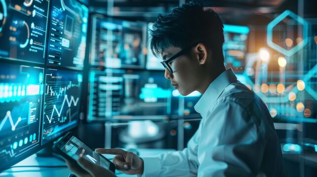 Young Mathematician Designing Algorithm on Tablet in Futuristic Office with Data Screens