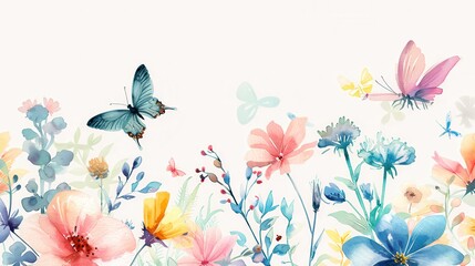 Watercolor illustrations of cute flowers and insects such as butterflies, bees ladybugs and dragonflies. The flowers are in pastel and the insects add charm and color on a simple, light background