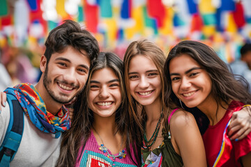 Fototapeta premium Big group of friends taking selfie picture smiling at camera - Laughing young people celebrating standing outside and having fun - Portrait photography of teens guys and girls enjoying vacation