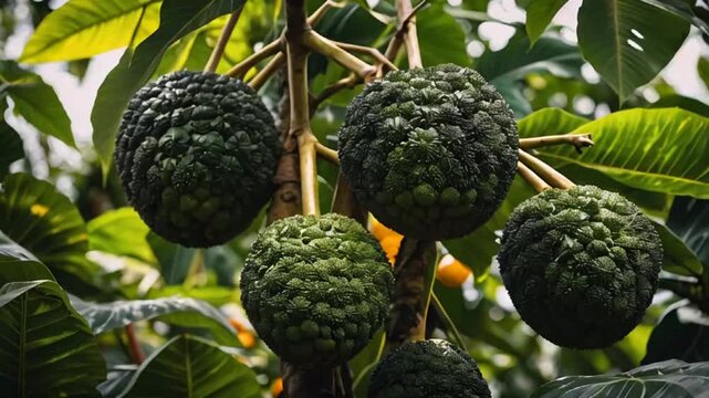 Breadfruit trees with fruits, Bahamas