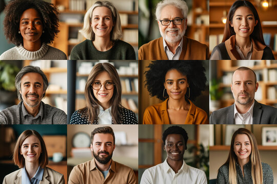 Many different smile people look camera collage. Lot mix race guy face. Multi ethnic us group portrait. All girl team head shot. Various skin tone Human dna concept. Gender unity bond. Young adult age