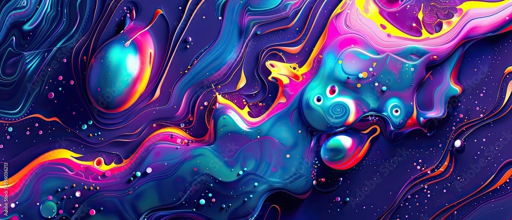 Wall mural vibrant abstract liquid art with dynamic neon colors, swirling patterns, and fluid shapes, creating 