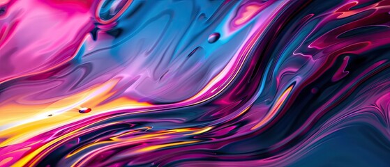Vibrant abstract painting with fluid, swirling colors of pink, yellow, and blue creating a dynamic, visually striking composition.