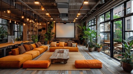 Modern Loft Living Room with Large Windows and Exposed Beams.