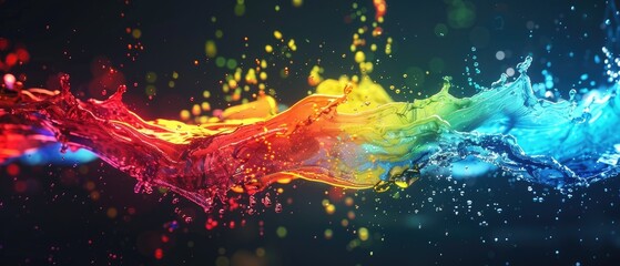 Vibrant splash of rainbow colors creating a dynamic and energetic abstract art background with colorful liquid motion on a dark backdrop.