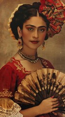 A woman in traditional Mexican attire holds a fan