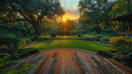 Sunset View from a Wooden Deck in a Garden.