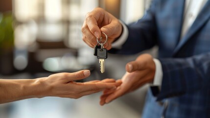 Clients receiving keys from a real estate agent in a professional office setting, celebrating the successful purchase of their new home