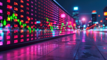 Obraz premium Neon Cityscape with Stock Market Data Display.