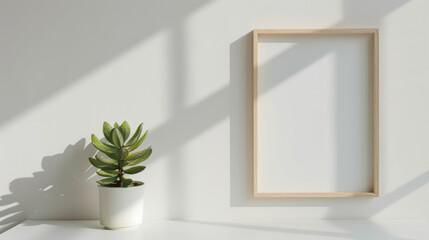 Empty wooden frame on white wall with