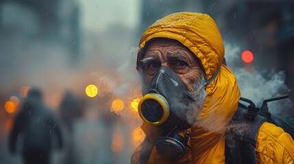 Obraz premium Senior Man Wearing Gas Mask In City Fog.