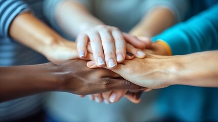 Close-up of hands from different team members coming together in a symbol of unity and collaboration, with a blurred office background