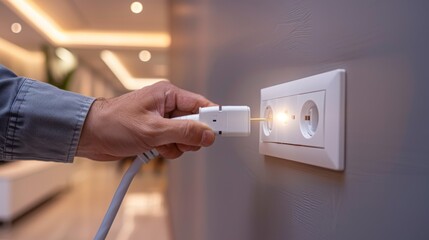 Naklejka premium Closeup of a hand plugging a white electrical cable into a wall socket in a modern home